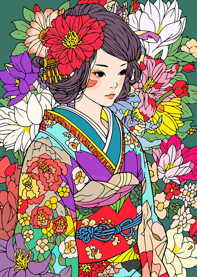 Zen Kimono Flower Girl Art