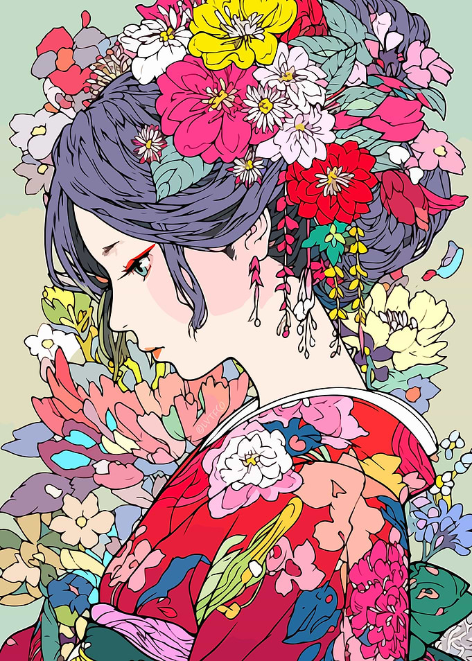 Kimono Flowers Girl Art