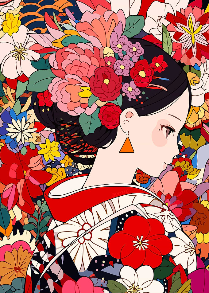 Anime Girl Kimono Flowers