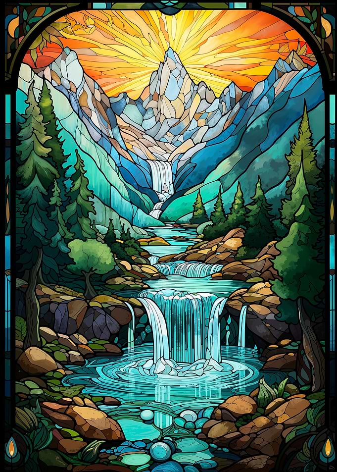 Surreal sunset waterfall