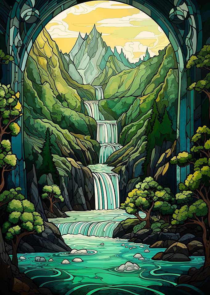 Surreal sunset waterfall