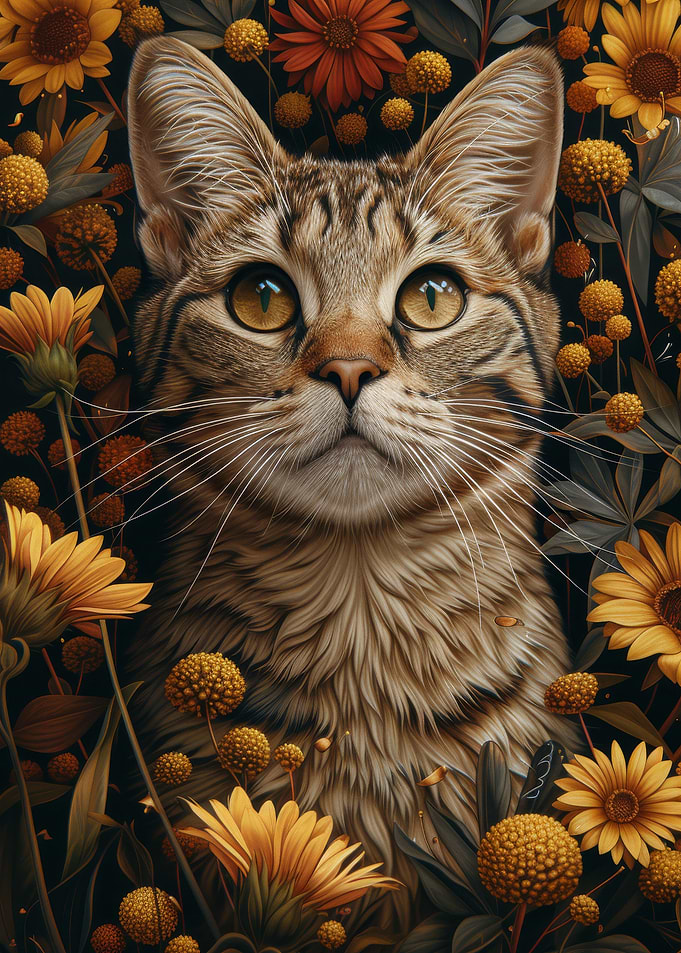 Grey Tabby Cat in Flowers