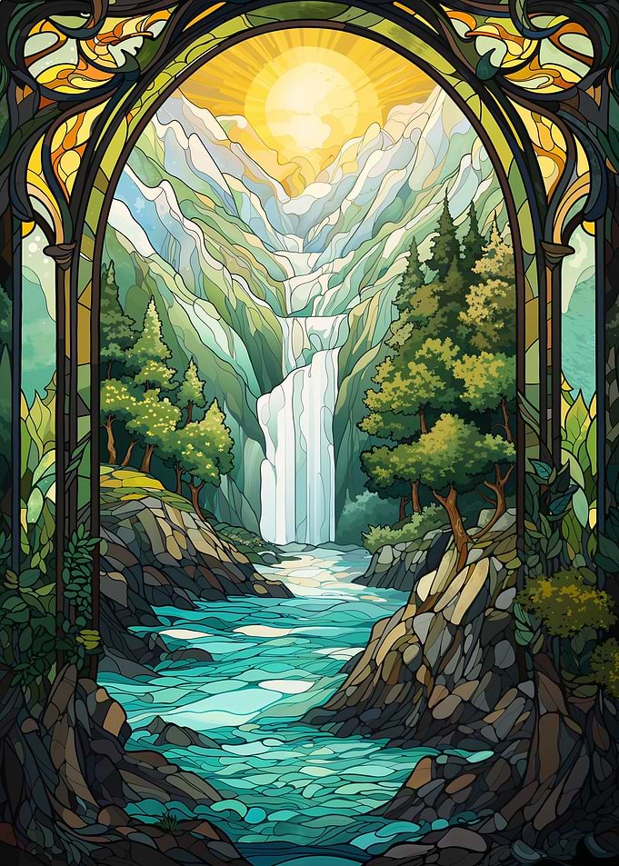 Surreal sunset waterfall