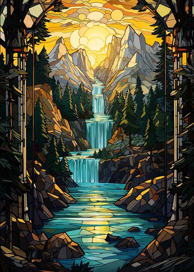 Surreal sunset waterfall