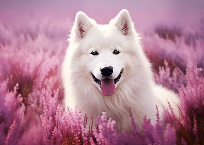 Samoyed and heather