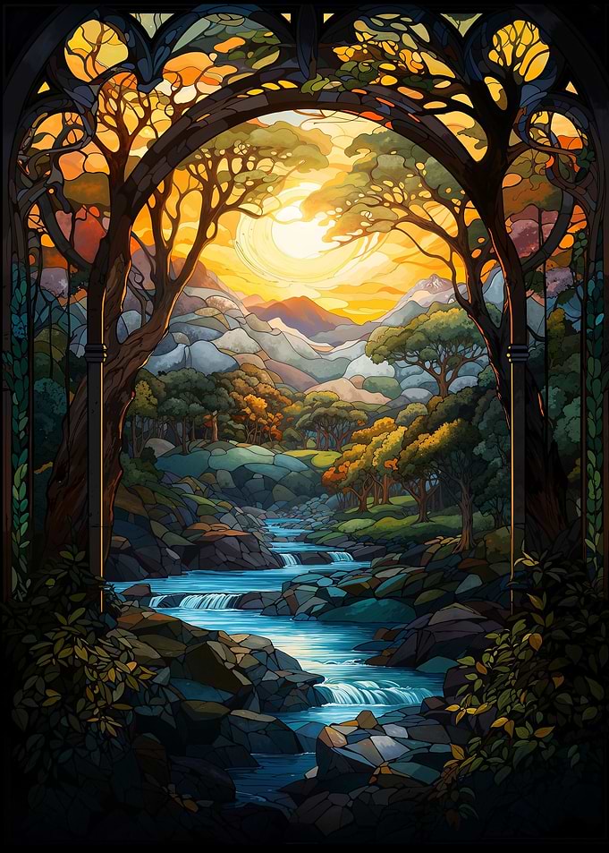 Surreal sunset waterfall