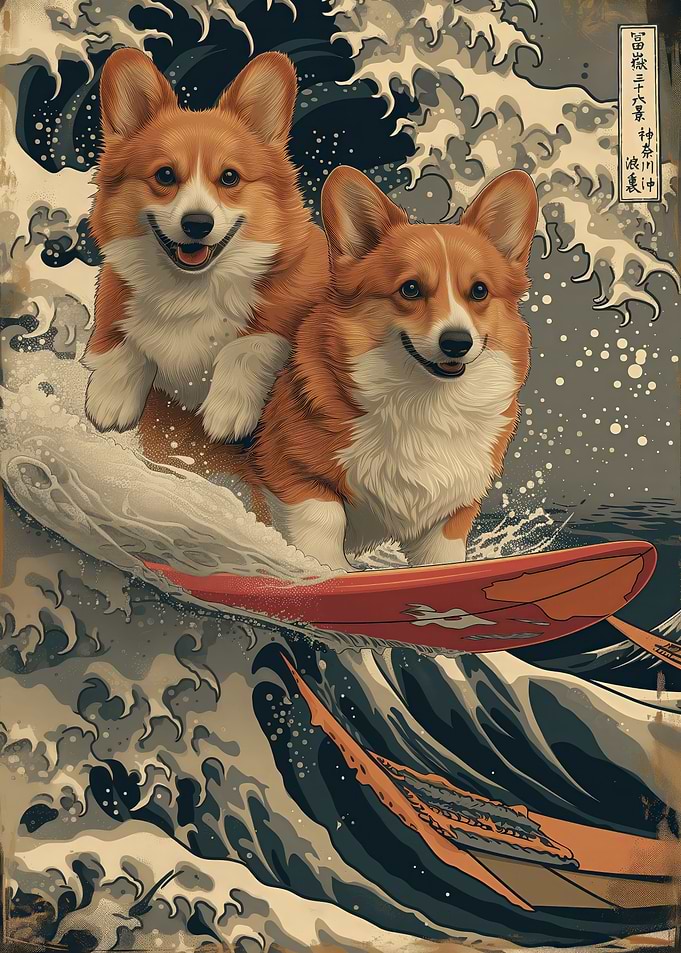 Cute corgis surfing