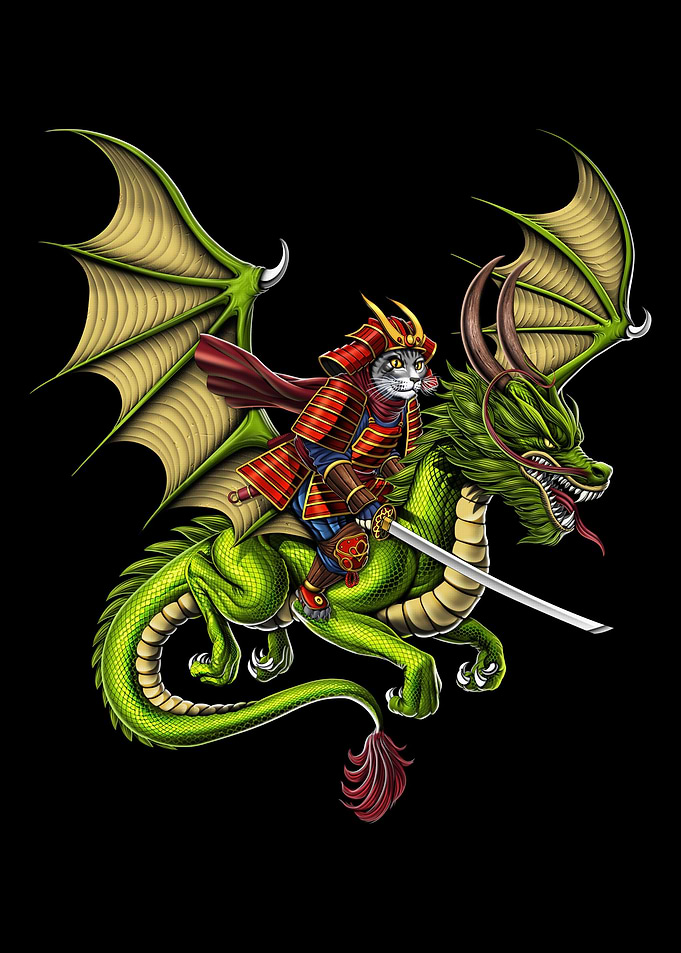 Samurai Cat Riding Dragon