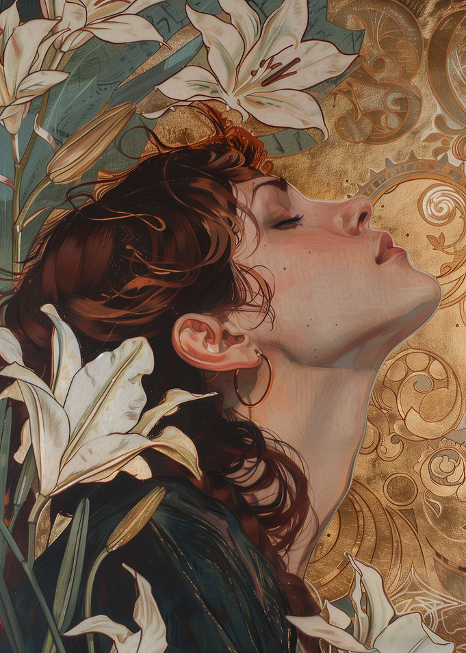 red haired woman with lily