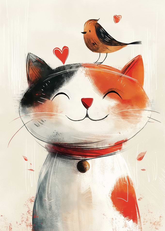 Whimsical Cat and Bird Art