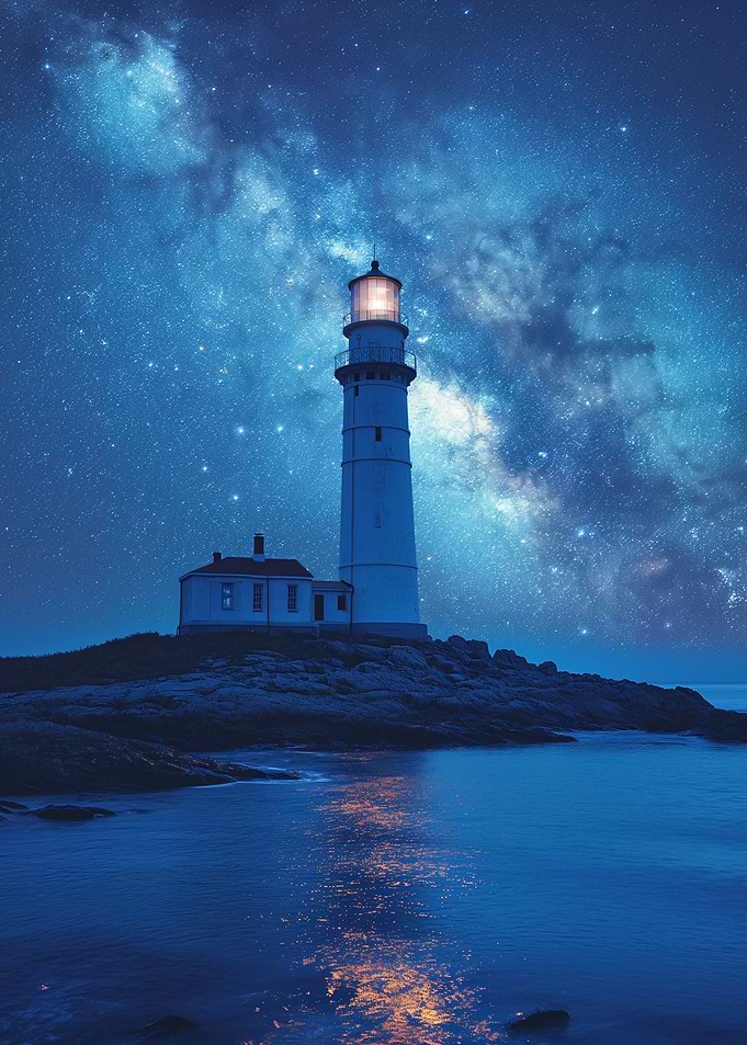 lighthouse shining at nigh