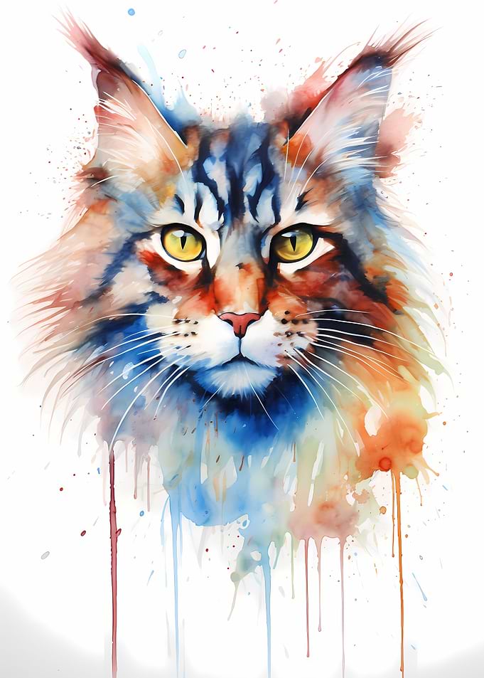 Maine Coon Watercolor Cat