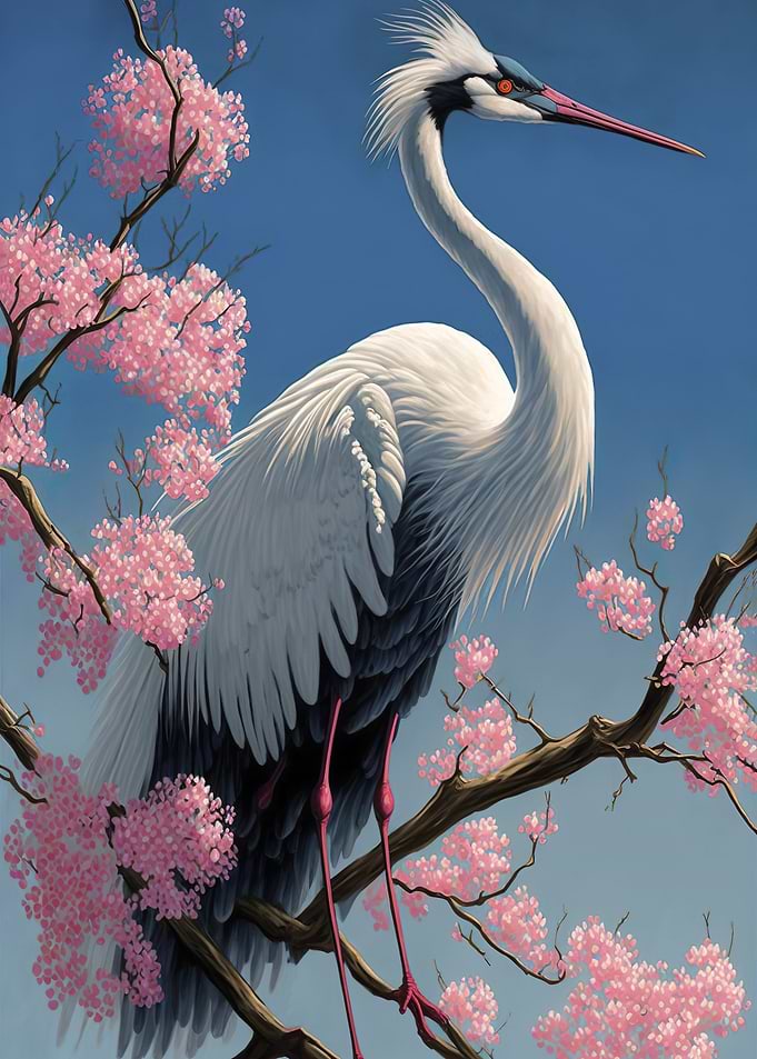 Crane Sakura Flowers Japan