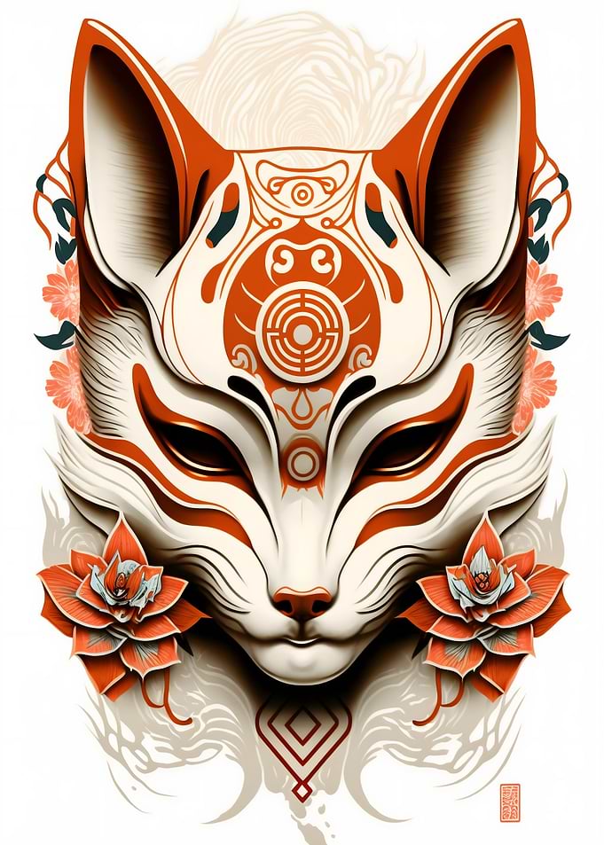 Kitsune Fox Mask Ink Wash