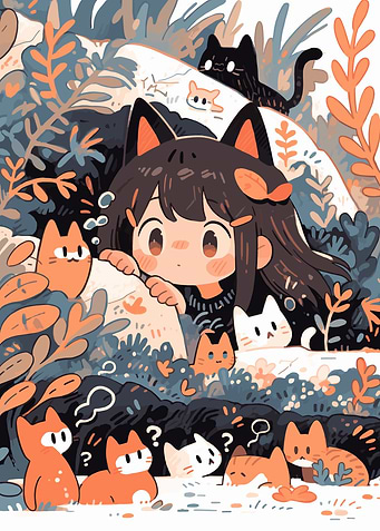 Kawaii Girl with Cats