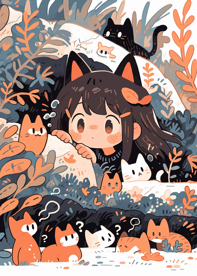 Kawaii Girl with Cats