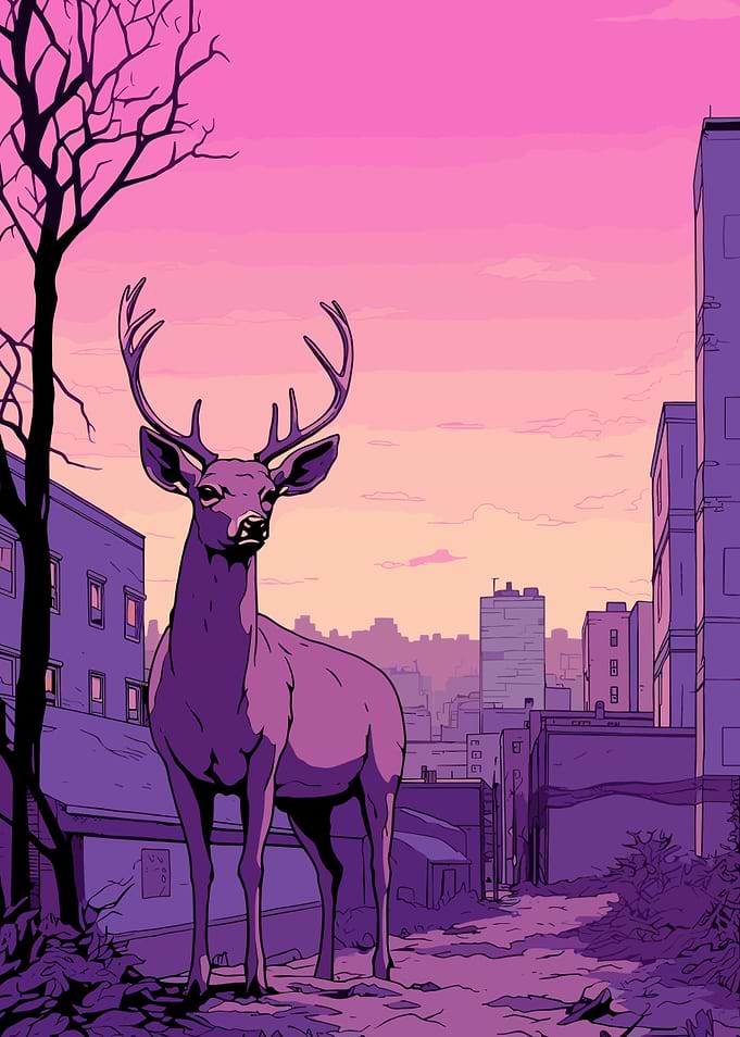 Deer in City Pink Retro