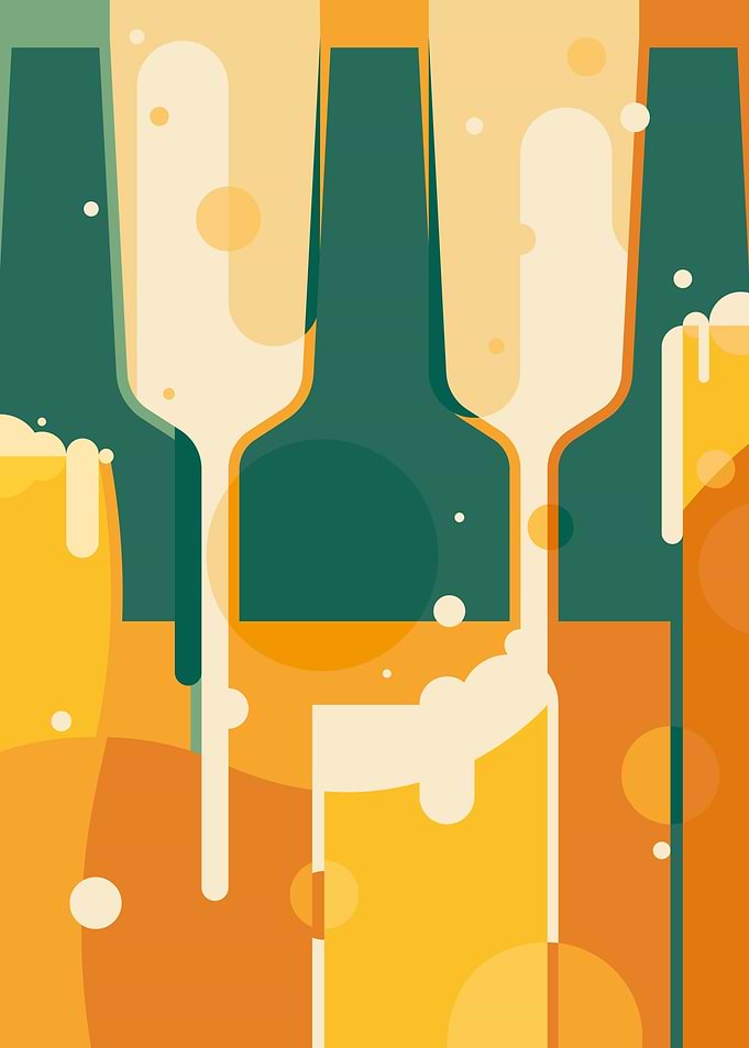 Beer bottles and glasses