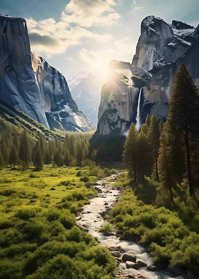 Sunny Waterfall in Forest