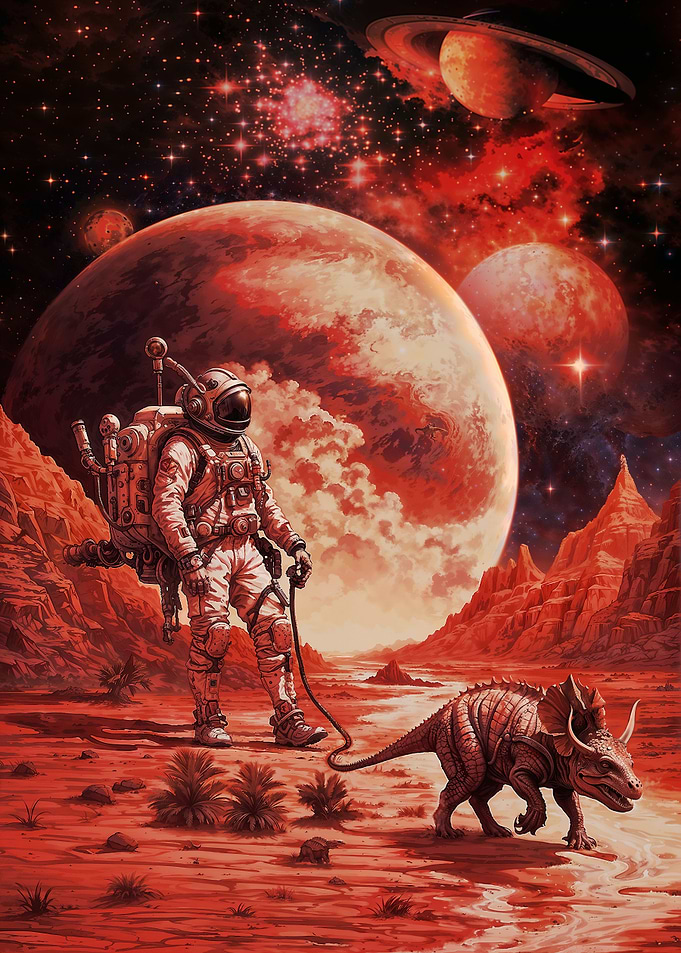 Astronaut Walks Alien Dino