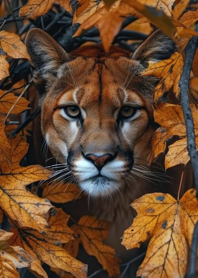 Puma Behind Fallen Leaves