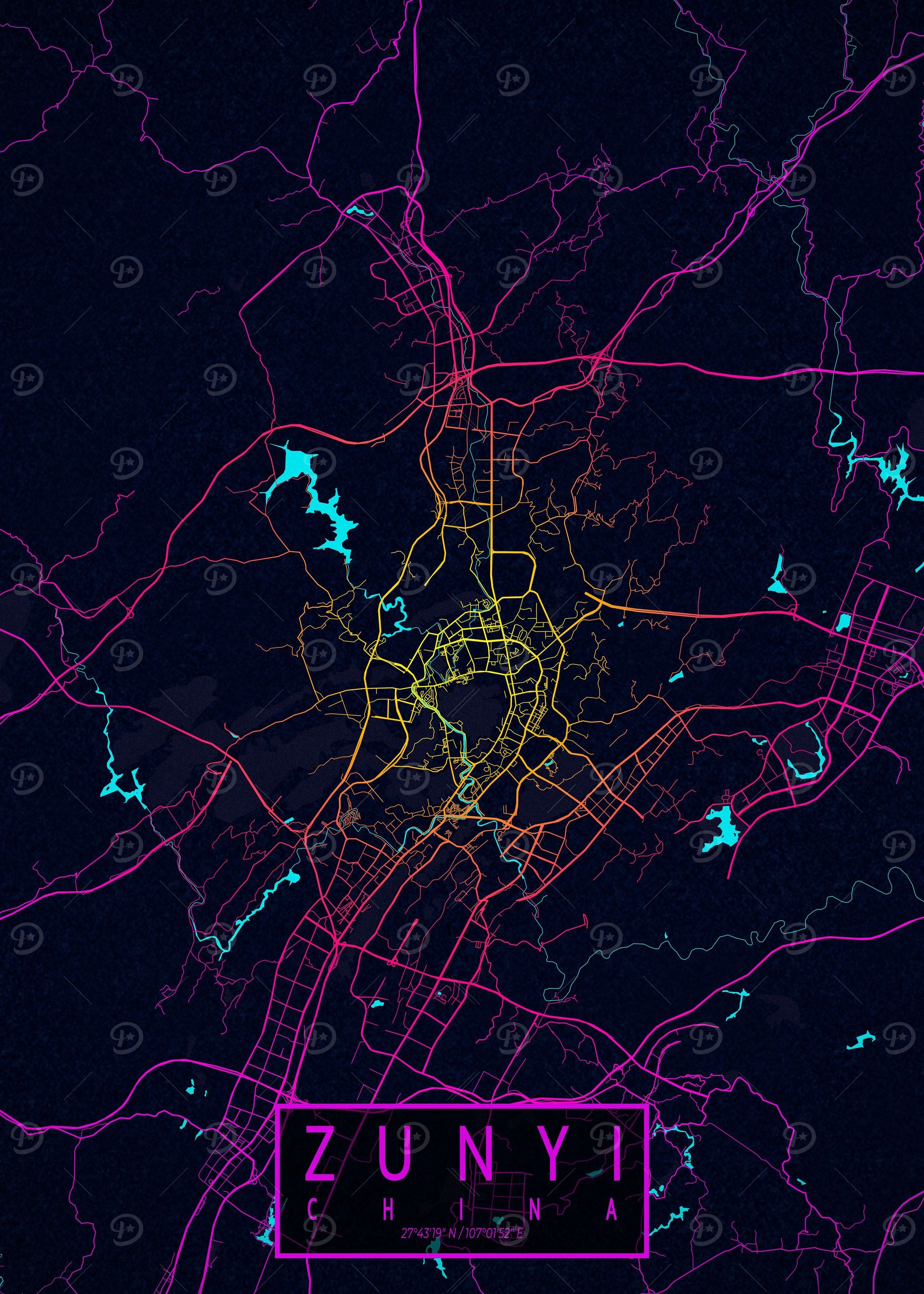 Zunyi City Map Neon