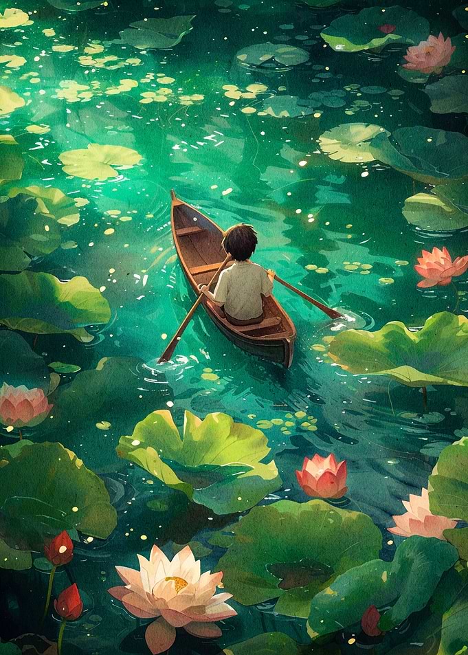 Boy Rowing Boat Art