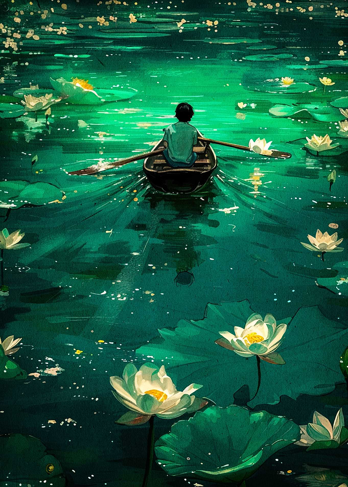boy rowing boat art
