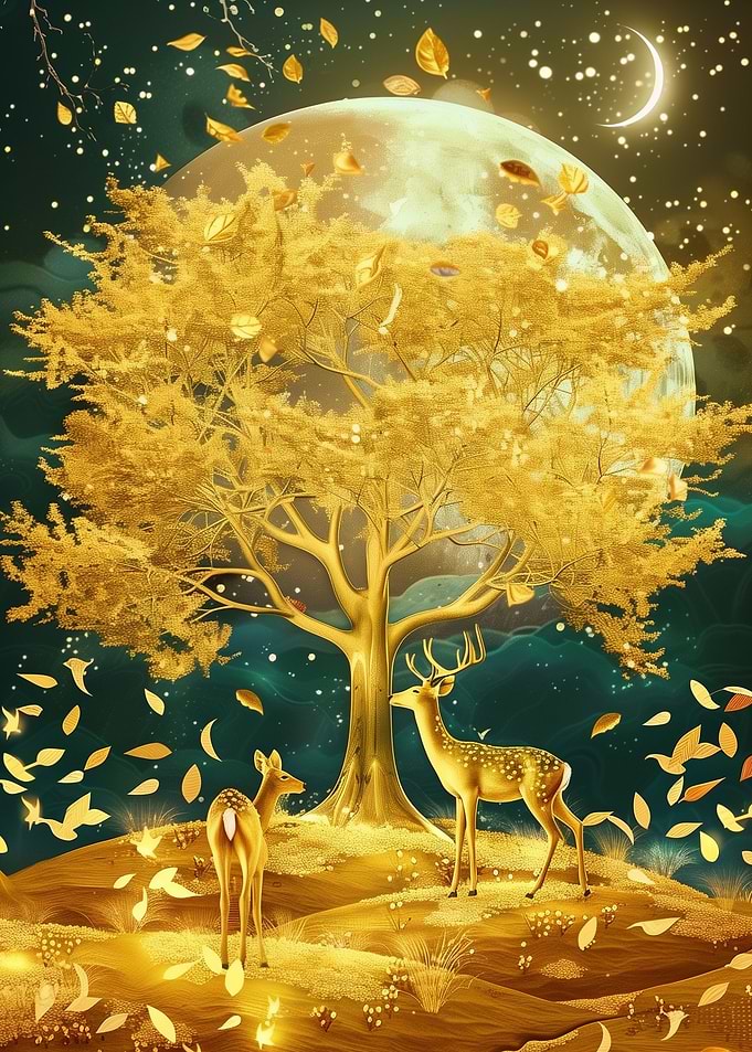Golden Tree with Two Deer