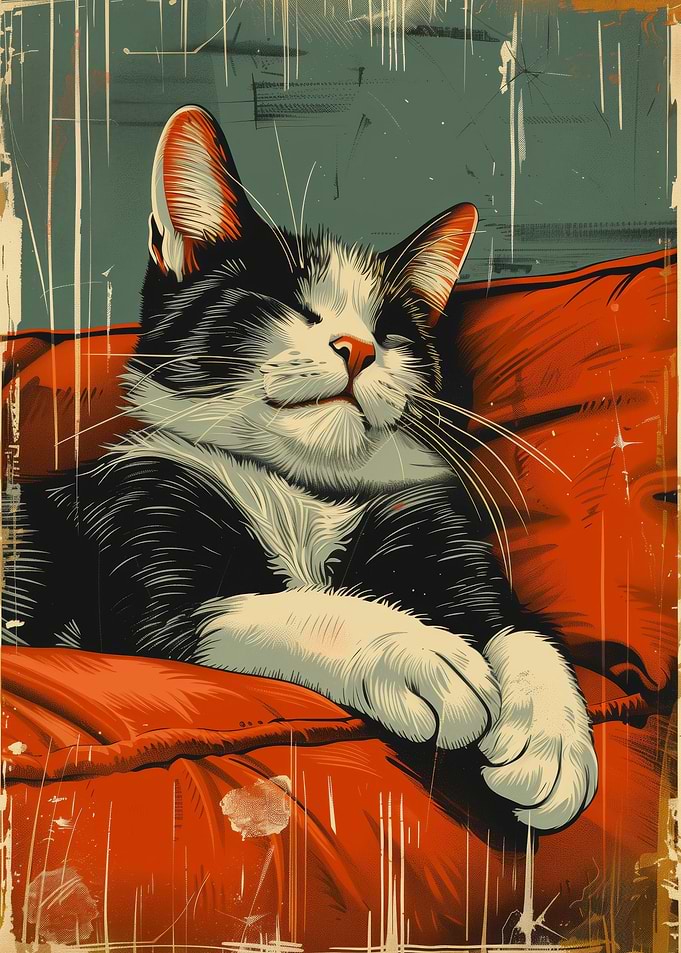 Retro Tuxedo Cat Sleeping