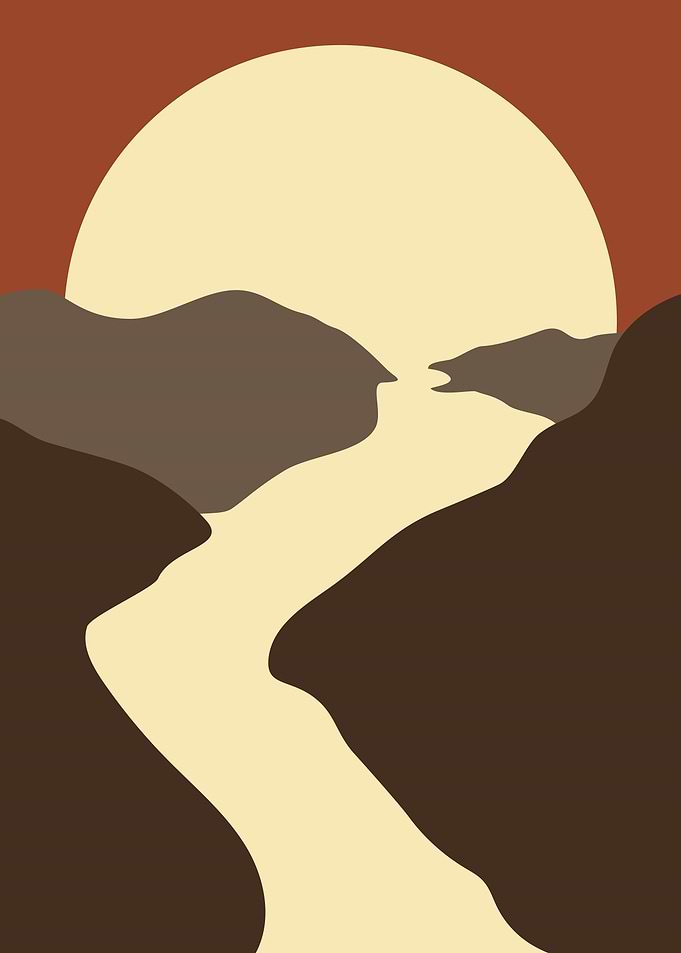 Retro mountain with sun