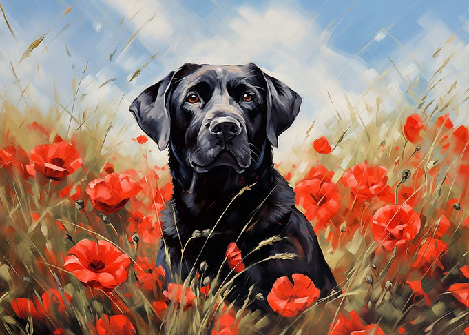 Black Labrador in poppies