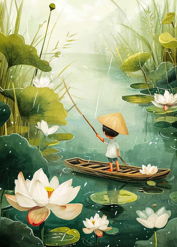 boy rowing boat art