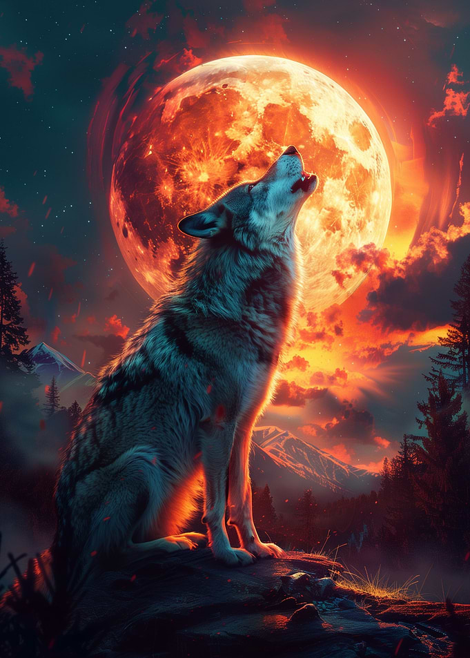 Wolf howling at the Moon