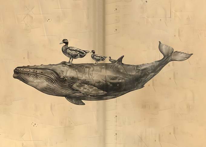 Ducks riding whale