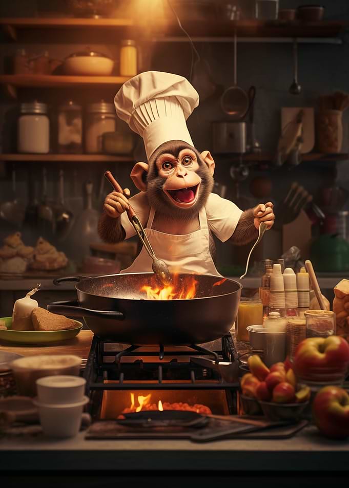 Monkey cooking kitchen