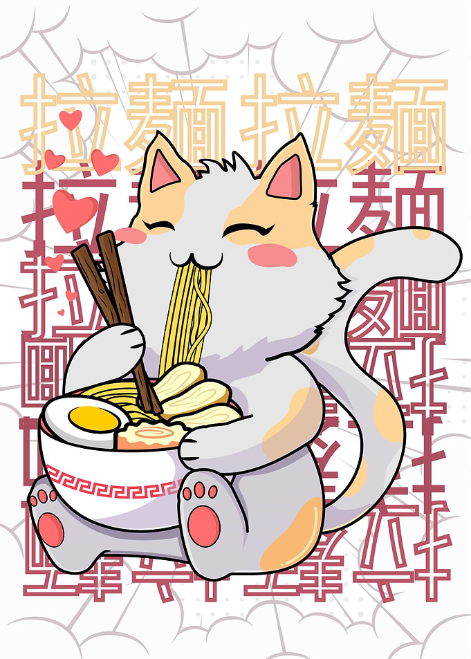 kawaii kitten eating ramen