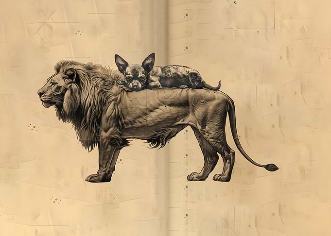 Dog lying on lion