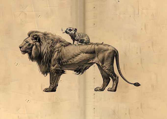 weasel riding on lion back