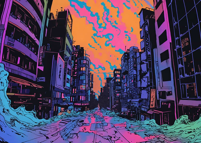 Cyberpunk city comic style