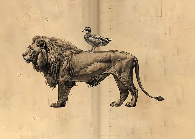 duck riding on lion