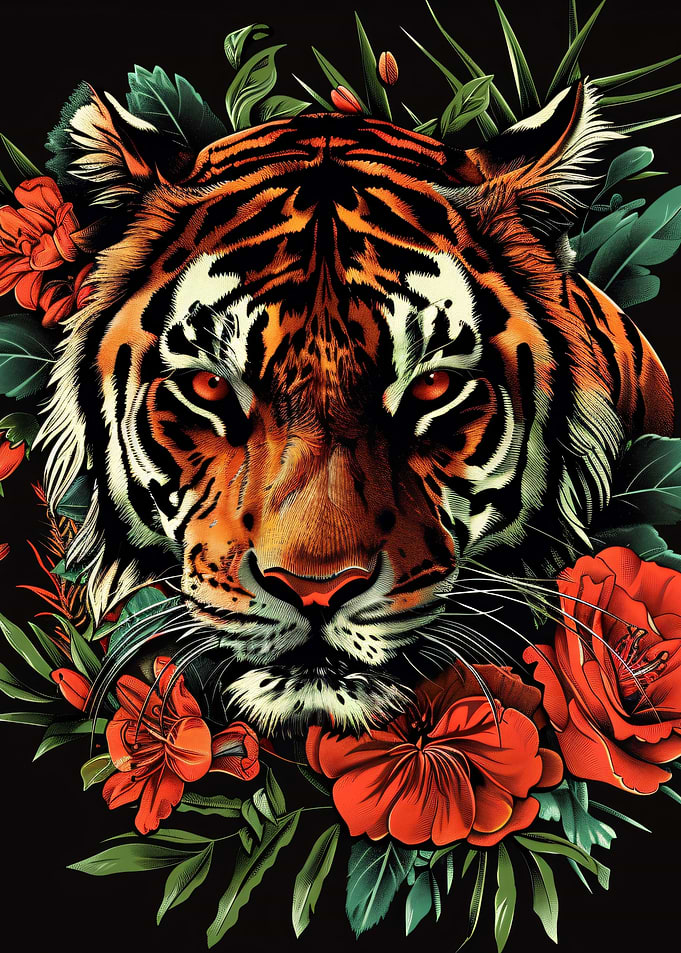 wild tiger and roses