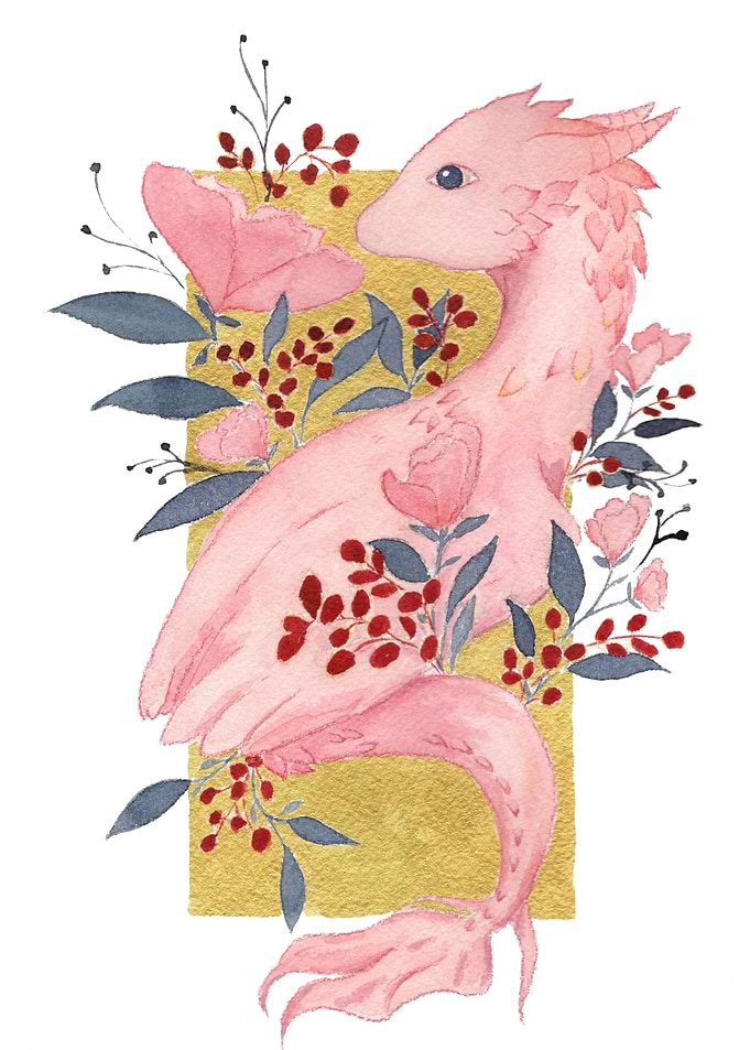 Pink dragon with flowers