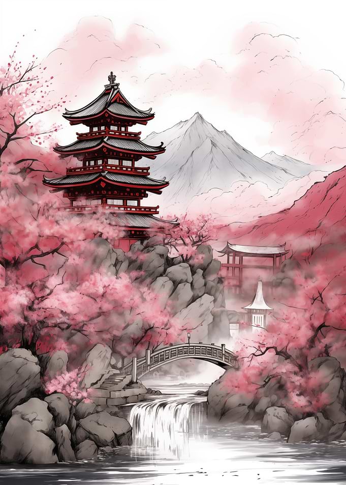 japanese temples ink wash