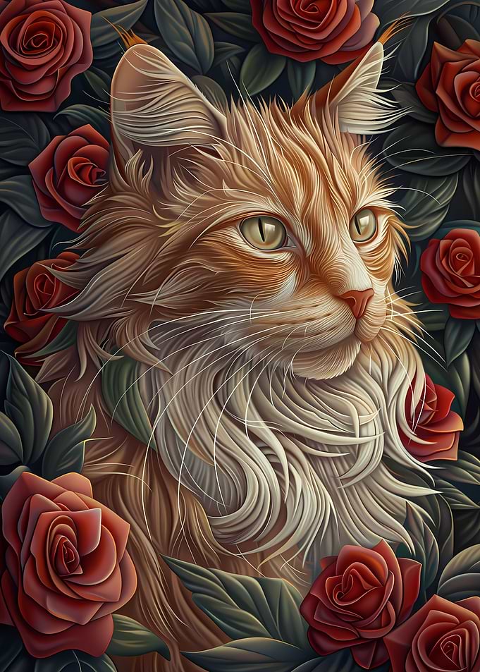 Fluffy Ginger Cat and Rose