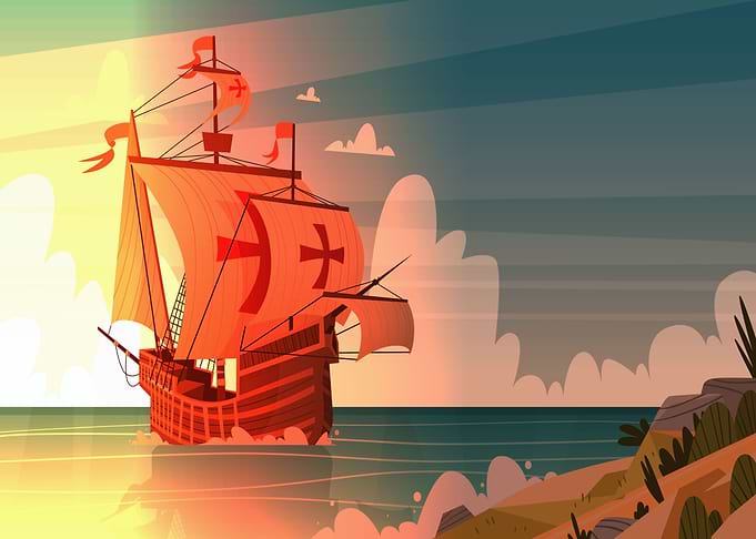 ship coast in sunset