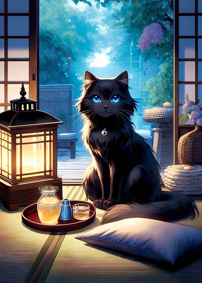 Black cat sharing a drink