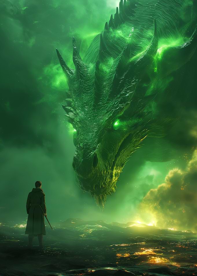 Green dragon and warrior
