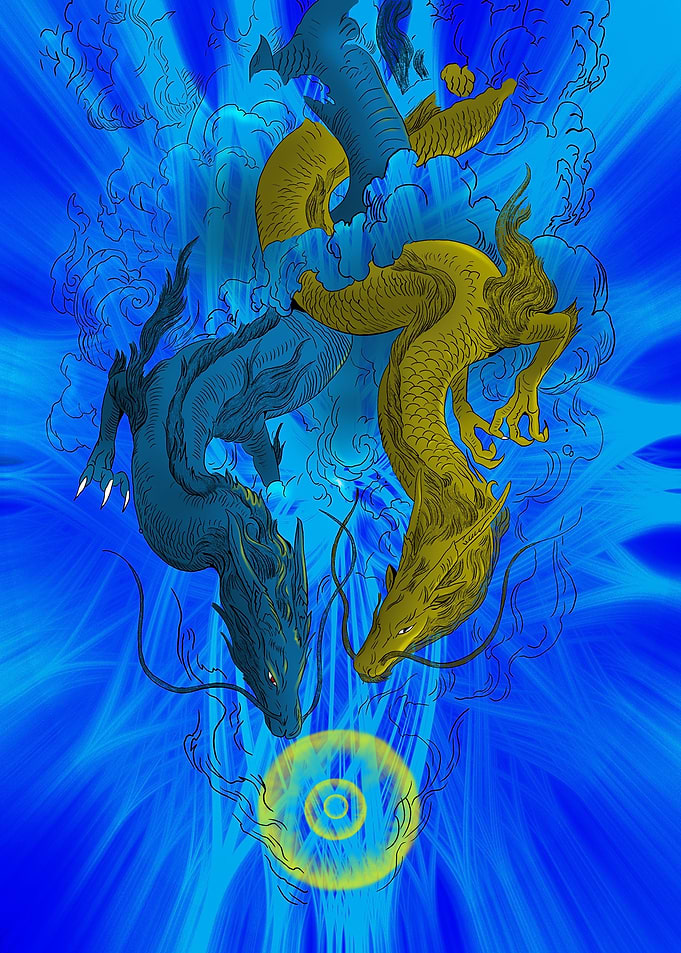 blue and gold dragons
