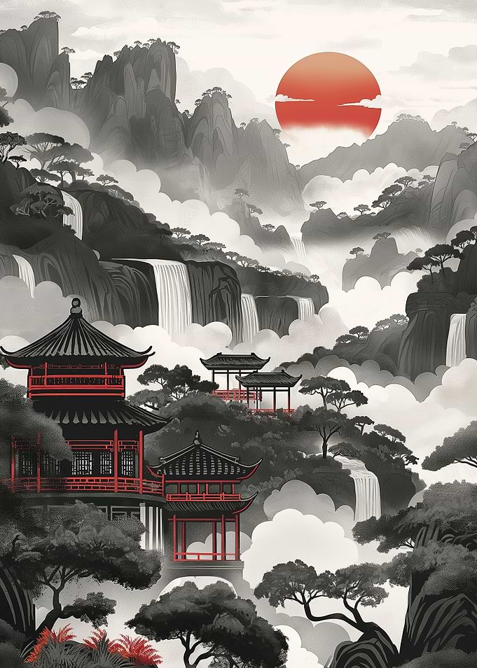 Red Sun Over Misty Falls